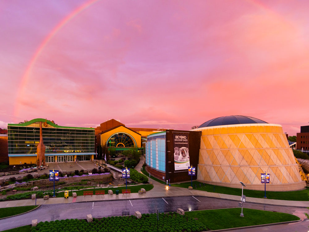 Exterior of the museum at the end of a rainbow.